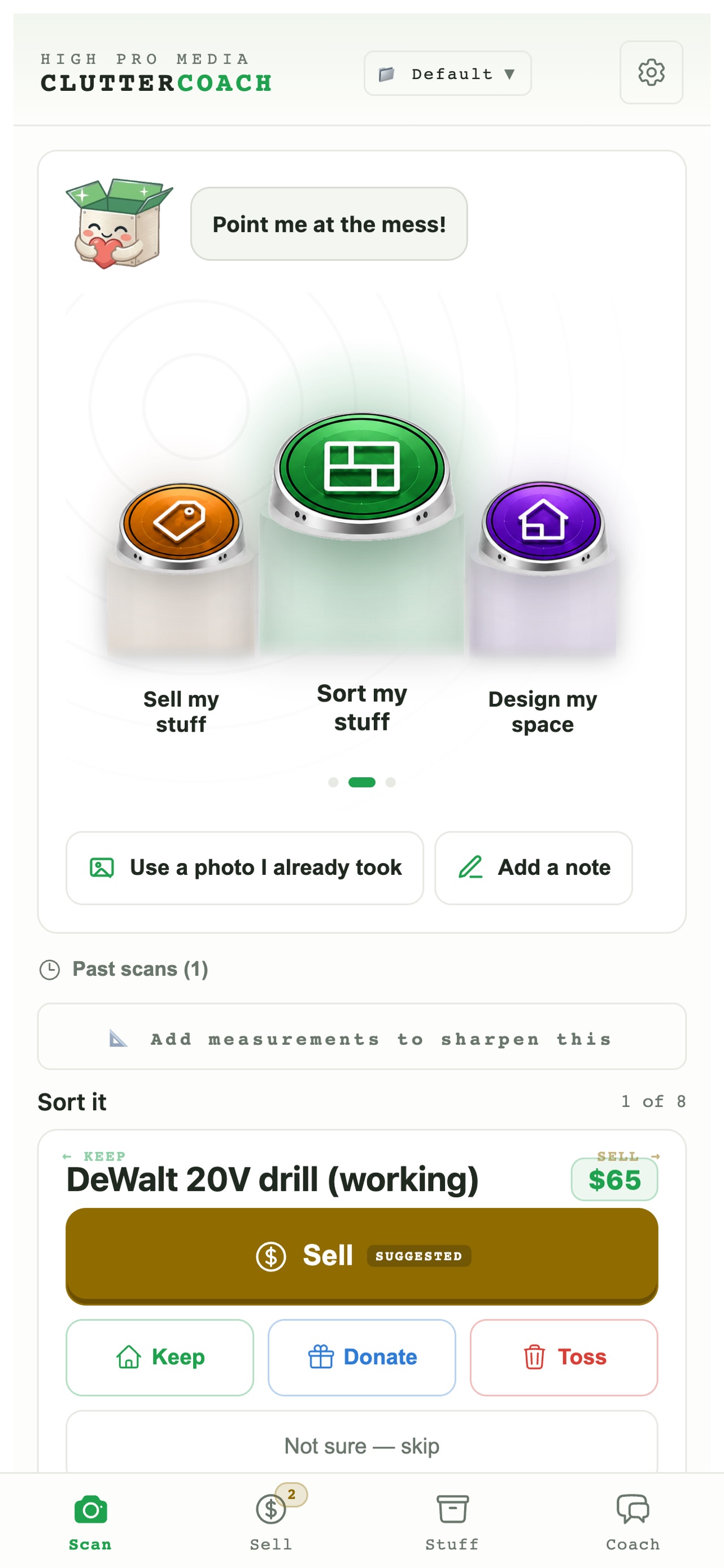 ClutterCoach home screen: Sell my stuff, Sort my stuff and Design my space, with a DeWalt drill awaiting a verdict below